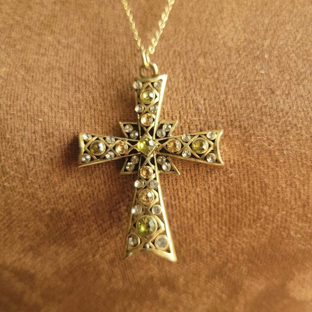 Gold Tone Etruscan Maltese Cross Rhinestone Necklace Size 18 In Whimsigoth